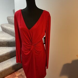 Dark Red Guess Womens Matte Jersey V-Neck Knot-Front Cocktail and Party Dress